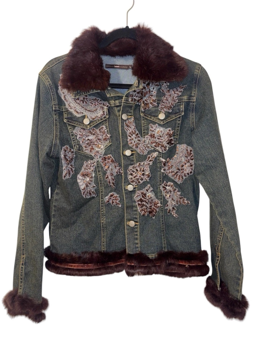 HAZEL Vintage Embellished Beaded Denim Faux Fur Trim Jean Jacket
